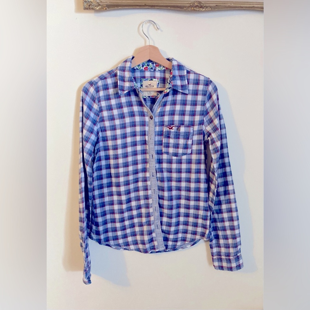 Vintage Hollister Blue and White Plaid Button Up Shirt Size S 100% Cotton